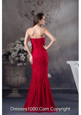 Strapless Beaded Lace Accent Floor-length Red Prom Formal Dress