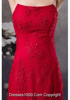 Strapless Beaded Lace Accent Floor-length Red Prom Formal Dress