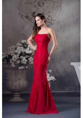 Strapless Beaded Lace Accent Floor-length Red Prom Formal Dress