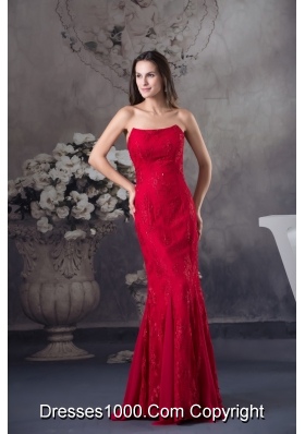 Strapless Beaded Lace Accent Floor-length Red Prom Formal Dress