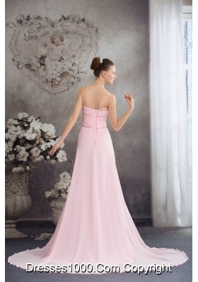 Sweetheart Court Train Pink Chiffon Prom Celebrity Dress with Beading