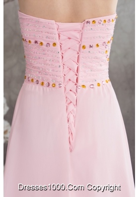 Sweetheart Court Train Pink Chiffon Prom Celebrity Dress with Beading