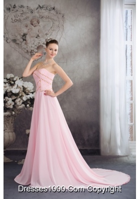 Sweetheart Court Train Pink Chiffon Prom Celebrity Dress with Beading