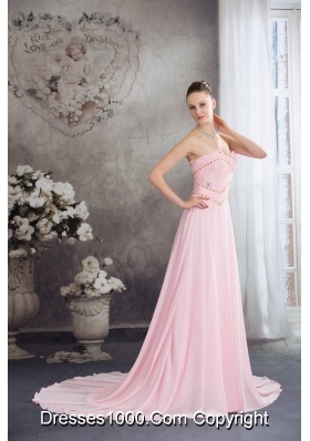 Sweetheart Court Train Pink Chiffon Prom Celebrity Dress with Beading