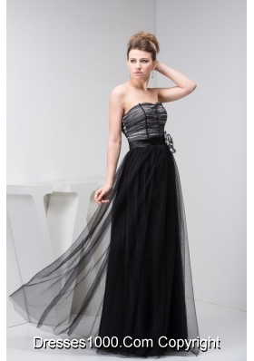 Tulle Column Sweetheart Black Prom Dress with Handmade Flower