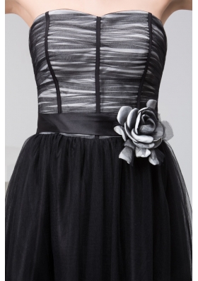 Tulle Column Sweetheart Black Prom Dress with Handmade Flower