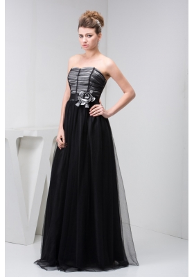 Tulle Column Sweetheart Black Prom Dress with Handmade Flower