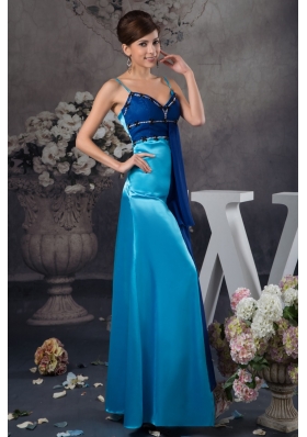 Two-toned Blue Floor-length Column Prom Dress with Beading