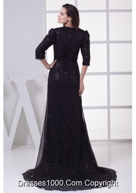 V-neck 3/4 Sleeves Sequins Sweep Train Prom Evening Dress with High Slit