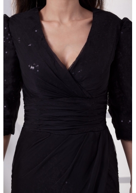 V-neck 3/4 Sleeves Sequins Sweep Train Prom Evening Dress with High Slit