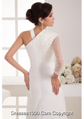 V-neck Floor-length Chiffon Bridal Dresses with Beaded One Long Sleeve