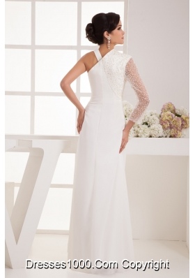 V-neck Floor-length Chiffon Bridal Dresses with Beaded One Long Sleeve