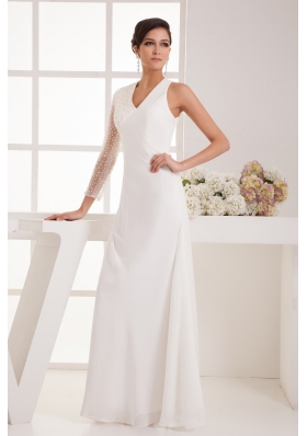 V-neck Floor-length Chiffon Bridal Dresses with Beaded One Long Sleeve