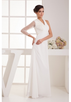 V-neck Floor-length Chiffon Bridal Dresses with Beaded One Long Sleeve