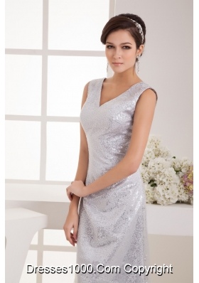 V-neck Tea-length Silver Bridal Dresses with Sequins Over Skirt