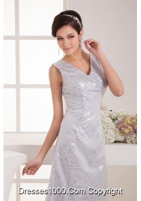 V-neck Tea-length Silver Bridal Dresses with Sequins Over Skirt