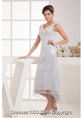 V-neck Tea-length Silver Bridal Dresses with Sequins Over Skirt