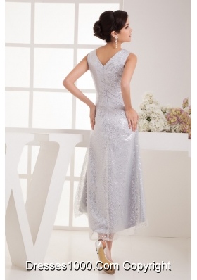 V-neck Tea-length Silver Bridal Dresses with Sequins Over Skirt