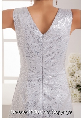 V-neck Tea-length Silver Bridal Dresses with Sequins Over Skirt