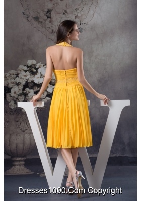 Yellow Column Knee-length Prom Dress with Beading and Keyhole