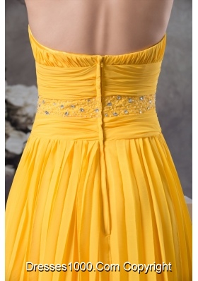 Yellow Column Knee-length Prom Dress with Beading and Keyhole