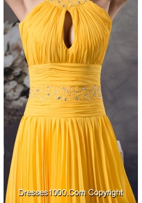 Yellow Column Knee-length Prom Dress with Beading and Keyhole