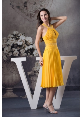 Yellow Column Knee-length Prom Dress with Beading and Keyhole