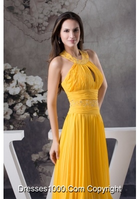 Yellow Column Knee-length Prom Dress with Beading and Keyhole