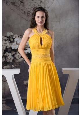 Yellow Column Knee-length Prom Dress with Beading and Keyhole