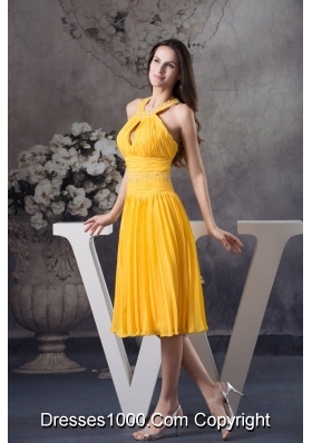 Yellow Column Knee-length Prom Dress with Beading and Keyhole