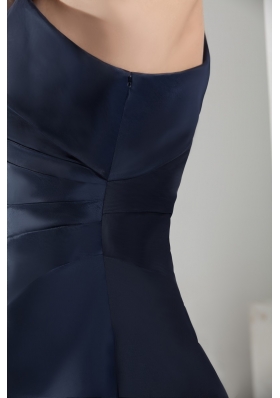 Asymmetrical Shoulder Sweep Train Navy Blue Prom Gown in Satin