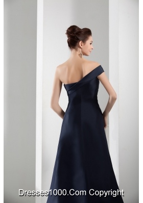 Asymmetrical Shoulder Sweep Train Navy Blue Prom Gown in Satin