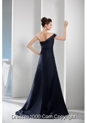 Asymmetrical Shoulder Sweep Train Navy Blue Prom Gown in Satin