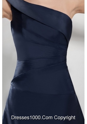 Asymmetrical Shoulder Sweep Train Navy Blue Prom Gown in Satin