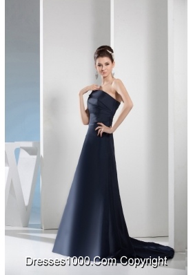 Asymmetrical Shoulder Sweep Train Navy Blue Prom Gown in Satin