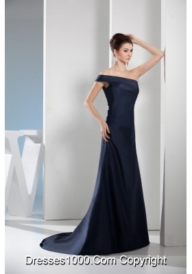 Asymmetrical Shoulder Sweep Train Navy Blue Prom Gown in Satin