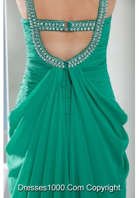 Beautiful Sweep Train Green Prom Dress with Ruching and Beading