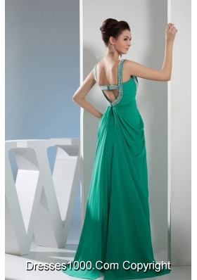 Beautiful Sweep Train Green Prom Dress with Ruching and Beading