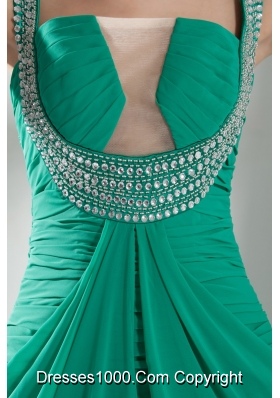 Beautiful Sweep Train Green Prom Dress with Ruching and Beading