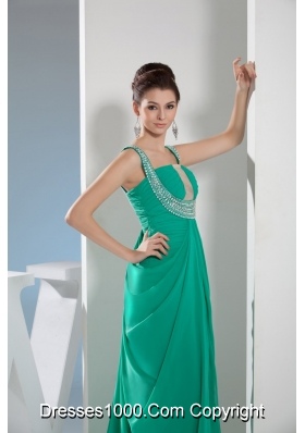 Beautiful Sweep Train Green Prom Dress with Ruching and Beading