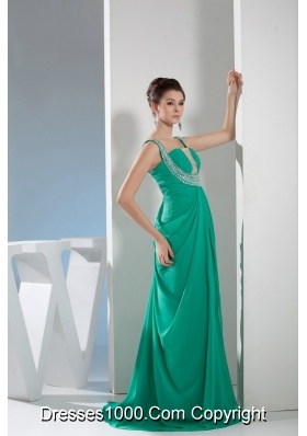 Beautiful Sweep Train Green Prom Dress with Ruching and Beading