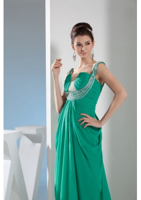 Beautiful Sweep Train Green Prom Dress with Ruching and Beading