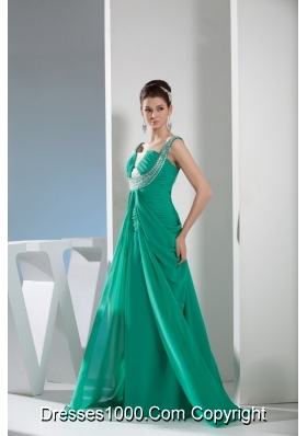 Beautiful Sweep Train Green Prom Dress with Ruching and Beading