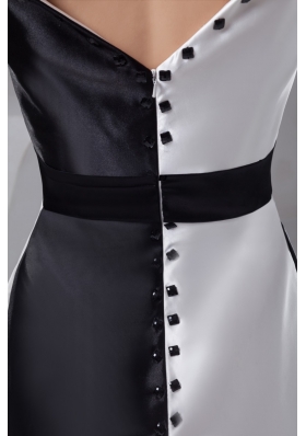 Beautiful V-neck Black and White Prom Dress with Wide Sash and Beading