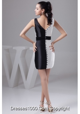 Beautiful V-neck Black and White Prom Dress with Wide Sash and Beading