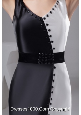 Beautiful V-neck Black and White Prom Dress with Wide Sash and Beading