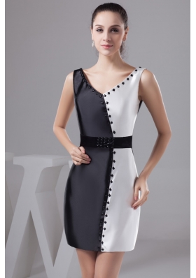 Beautiful V-neck Black and White Prom Dress with Wide Sash and Beading