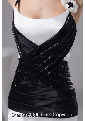 Black and White Prom Gown Dress with Beading and Handmade Flower