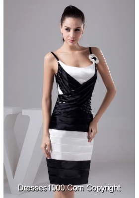 Black and White Prom Gown Dress with Beading and Handmade Flower