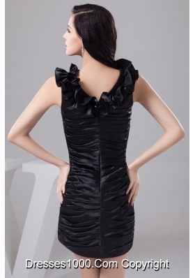 Black Mini-length Prom Gown Dress with Rolling Flower and Ruching